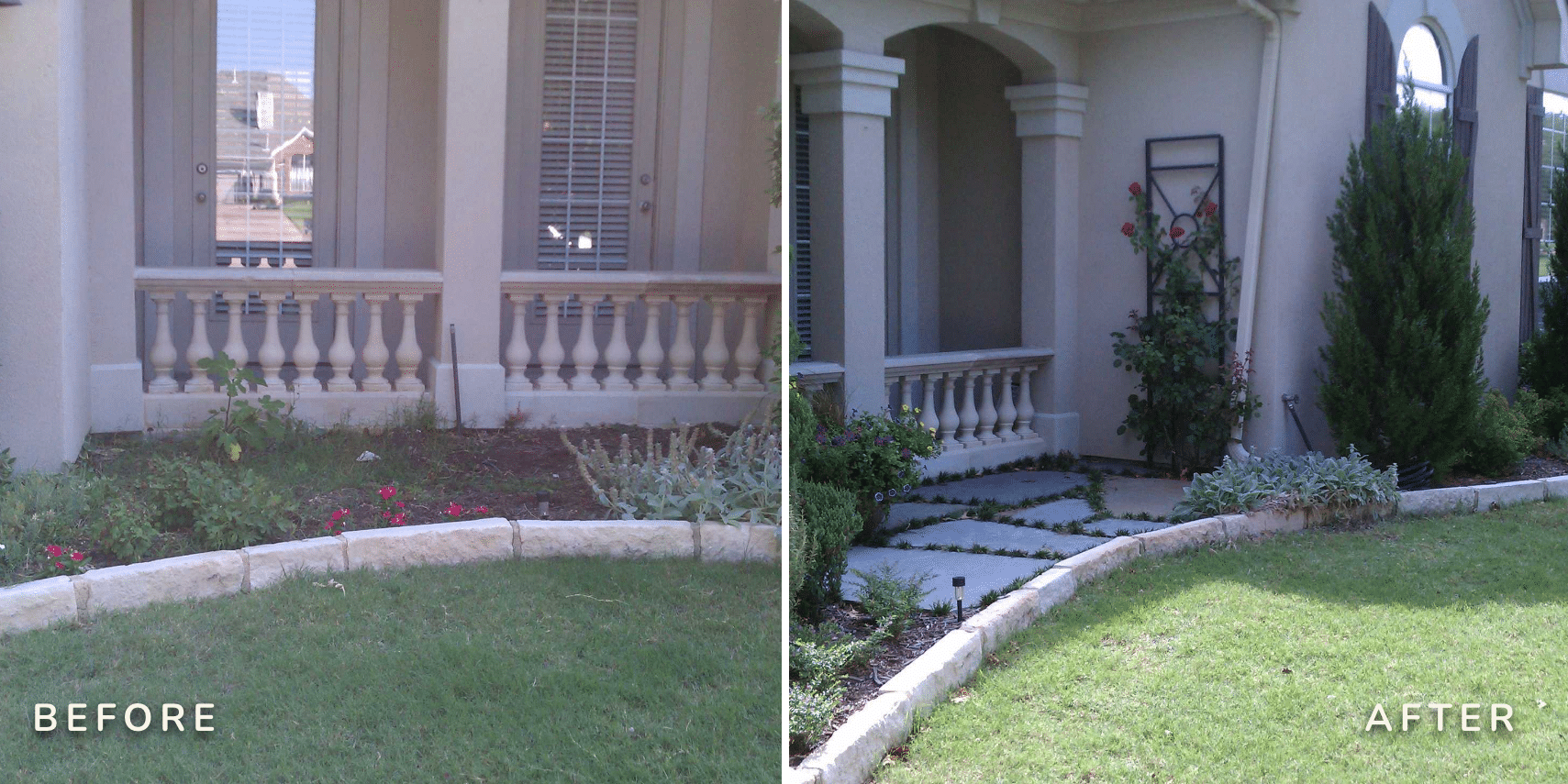 Before and After Image of Yard with boing plants before and many flowers and plants after