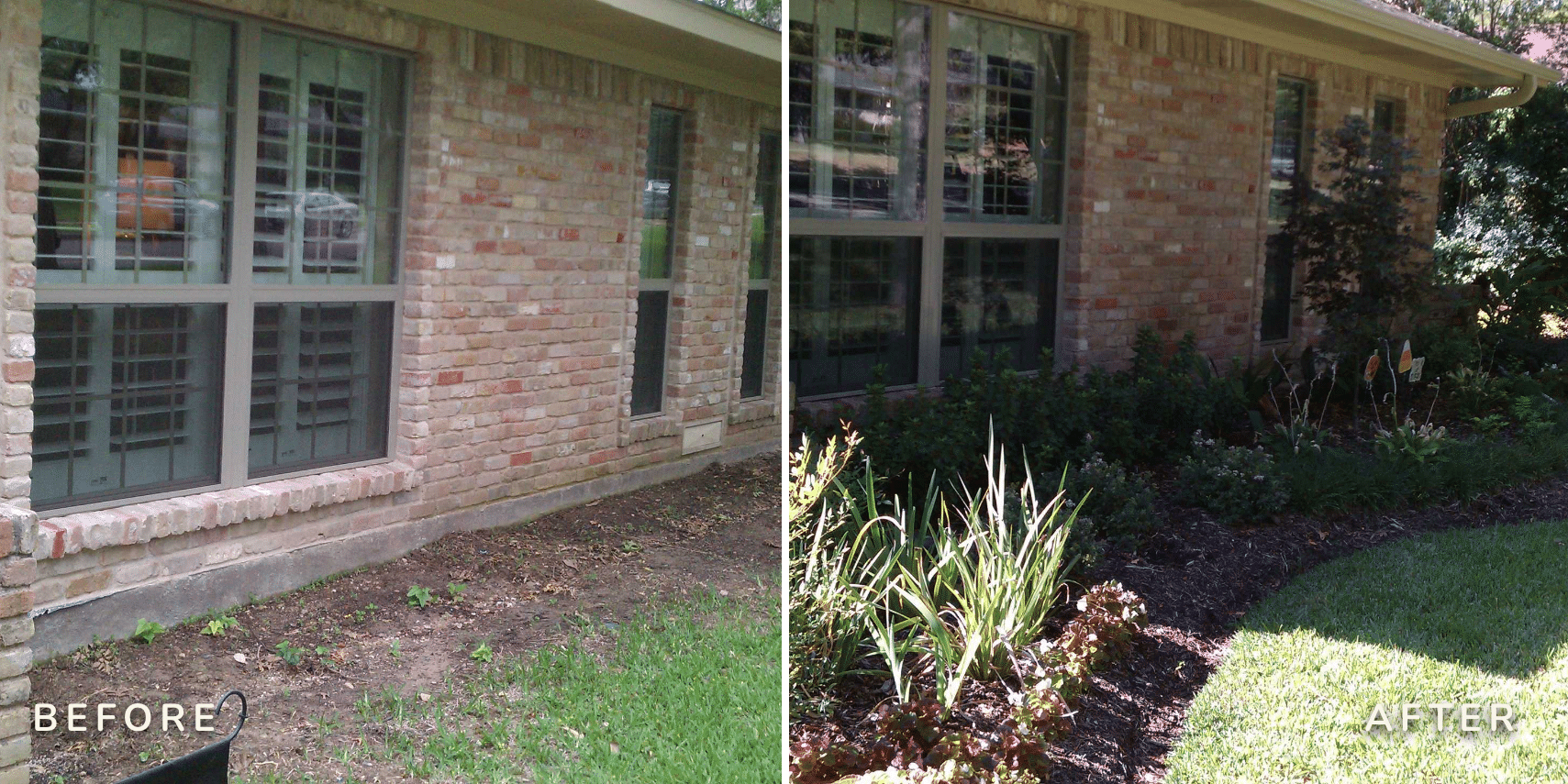 Before and After Image of Yard with no plants before and many flowers and plants after