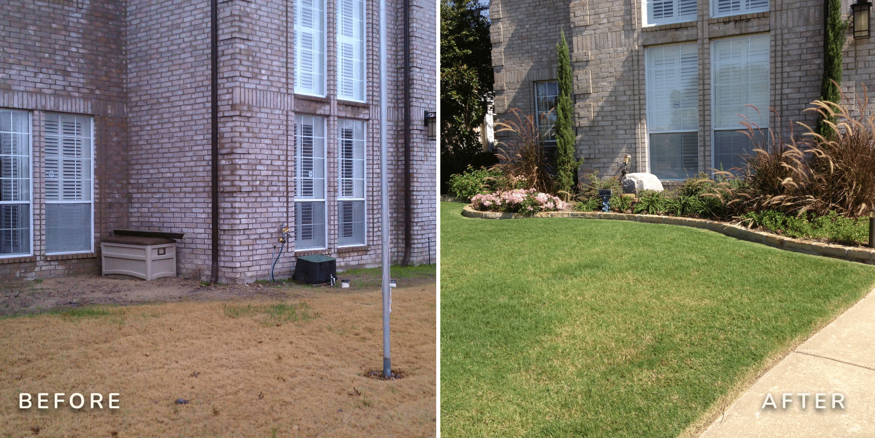 Before and After Image of Yard with no plants and a flagpole before and many flowers and plants after